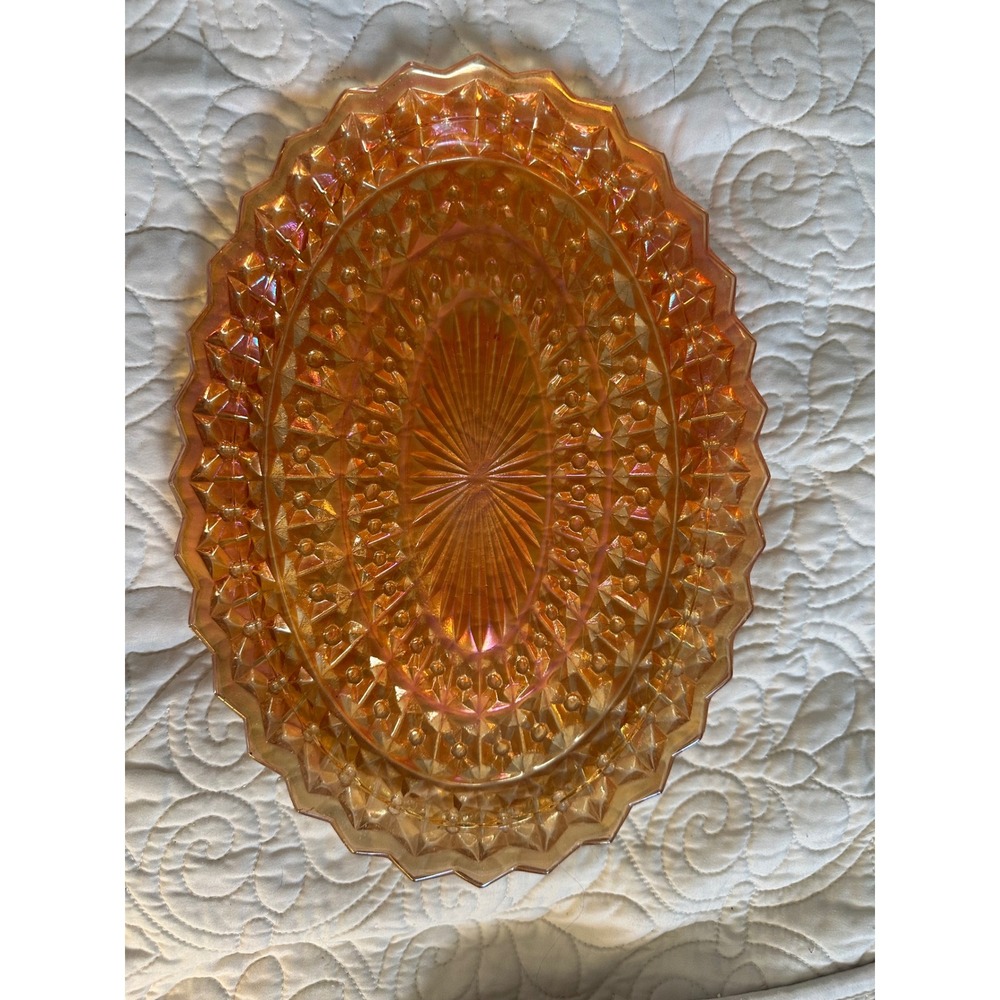 Indiana Glass Harvest Marigold Carnival Glass Oval Platter Diamond Point Vintage